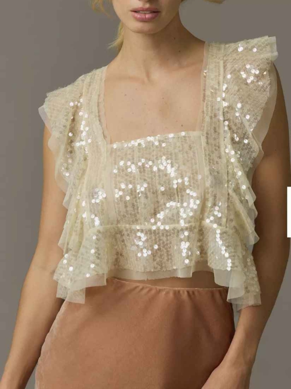 Anthropologie Sequined Ruffle Crop Top in Light Cream XL